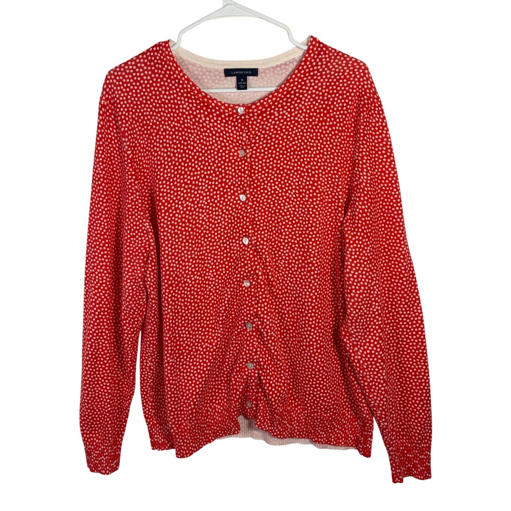 Lands End Womens 1X Red Polka Dot Cotton Button Front Cardigan Sweater